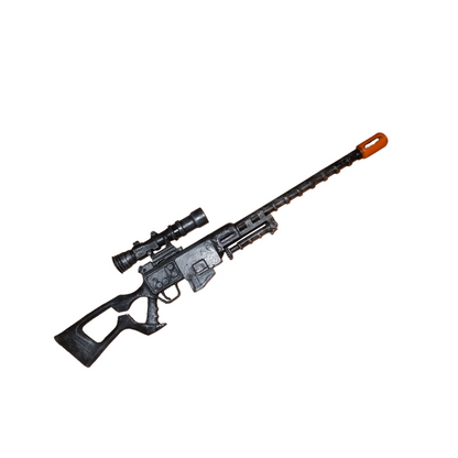 A toy gun with a scope and orange tip is shown against a white background.