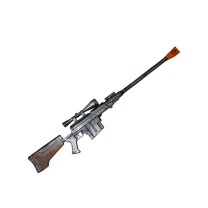 A toy gun with a scope and orange tip is shown against a white background.
