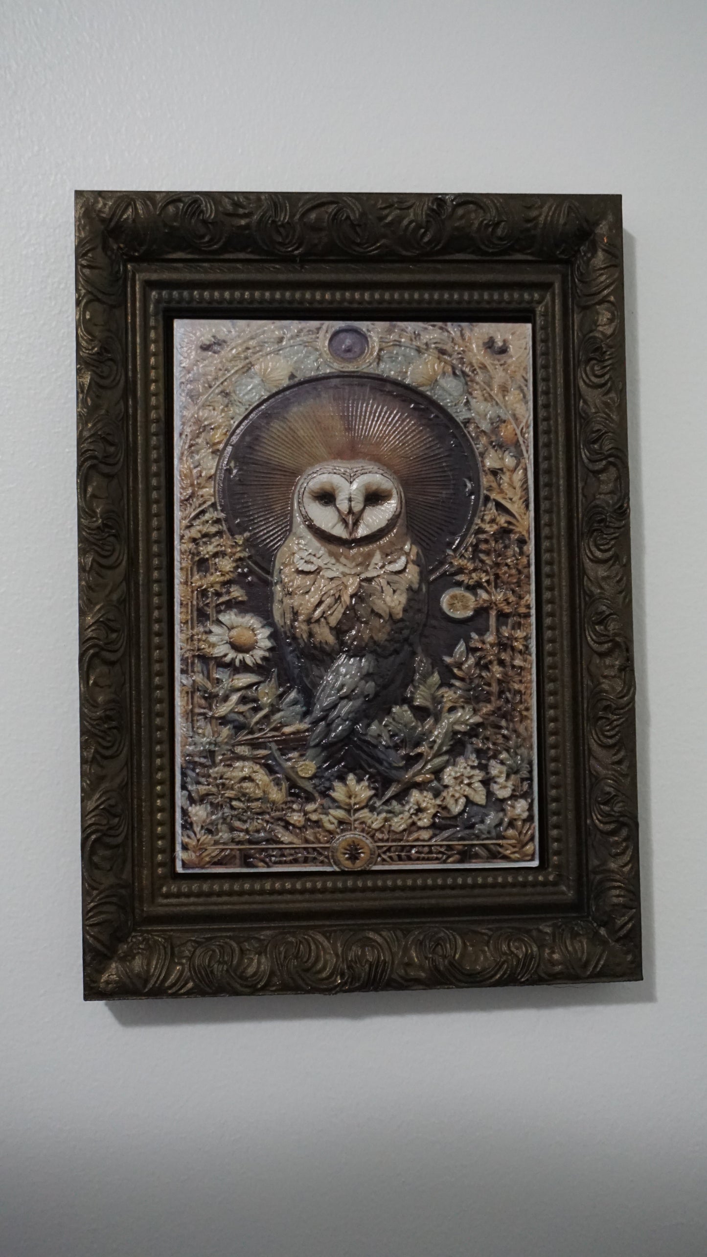 The Ornate Owl | Framed Owl Relief Art | Gothic Owl Wall Decor | Ornate Bird Sculpture Painting | Dark Academia Wall Art | Custom Frame Color