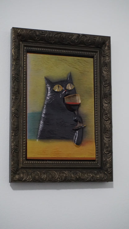 Cat Drinking Red Wine Relief Wall Art | Funny Sophisticated Cat Portrait | Framed Cat Artwork | Vintage Feline Decor | Custom Frame Color