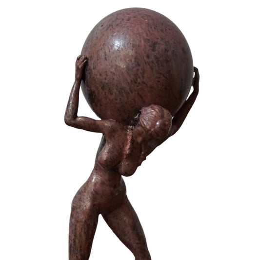 Female Atlas Statue | Woman Carrying Globe Sculpture | Antique Pink Figure | World Bearer Statue | Mythology Inspired Decor