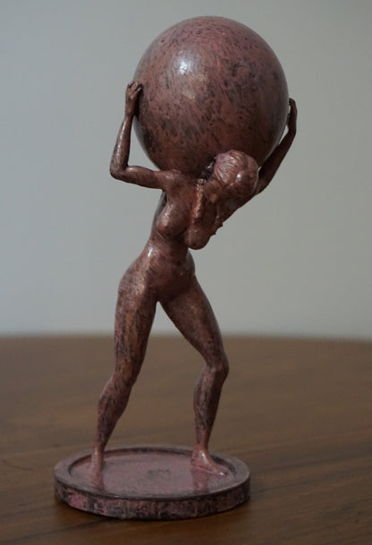 Female Atlas Statue | Woman Carrying Globe Sculpture | Antique Pink Figure | World Bearer Statue | Mythology Inspired Decor