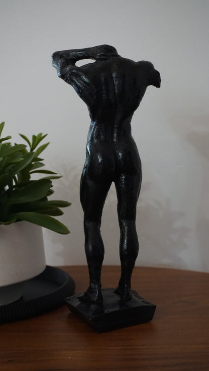 Glossy Black Male Nude Statue | Muscular Man Sculpture | Classical Male Torso Figurine | Modern Masculine Art | Contemporary Home Decor