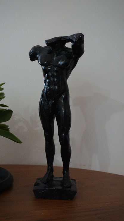 Glossy Black Male Nude Statue | Muscular Man Sculpture | Classical Male Torso Figurine | Modern Masculine Art | Contemporary Home Decor