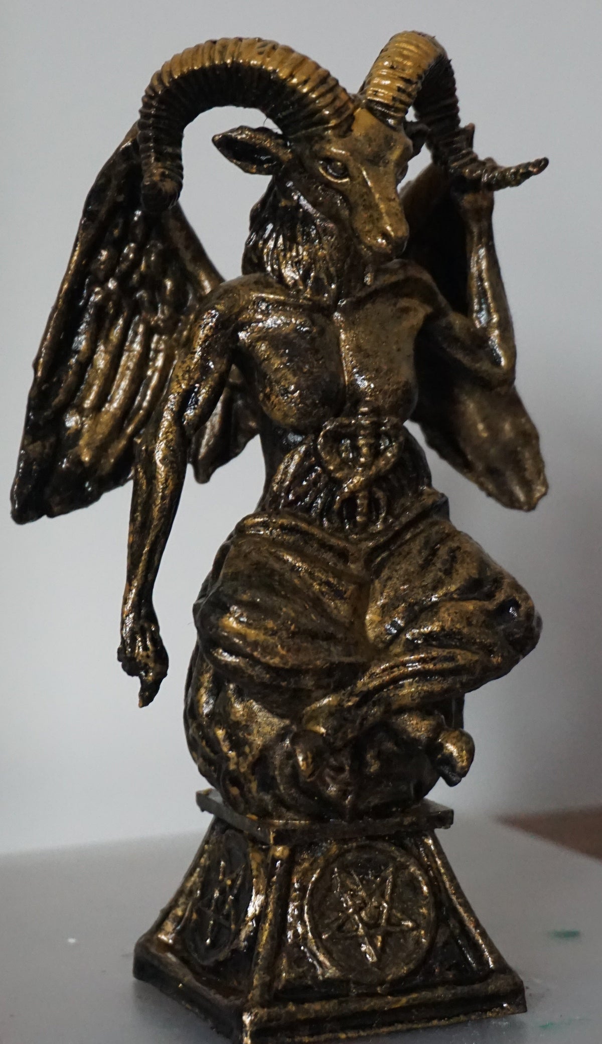 Baphomet Statue | Antique Gold Occult Goat Sculpture | Winged Baphomet Figurine | Gothic Pentagram Alchemy Decor | Esoteric Art