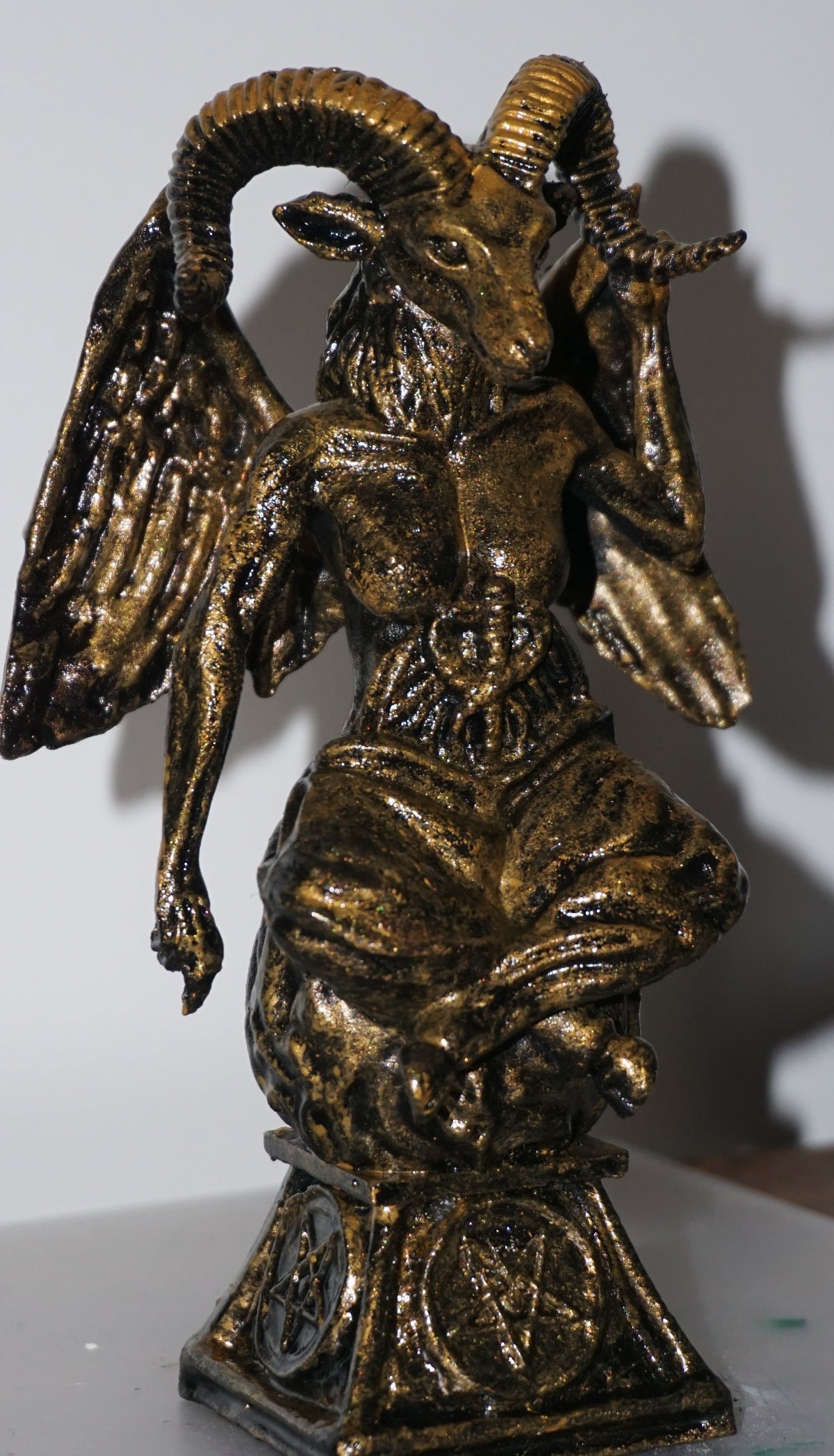 Baphomet Statue | Antique Gold Occult Goat Sculpture | Winged Baphomet Figurine | Gothic Pentagram Alchemy Decor | Esoteric Art