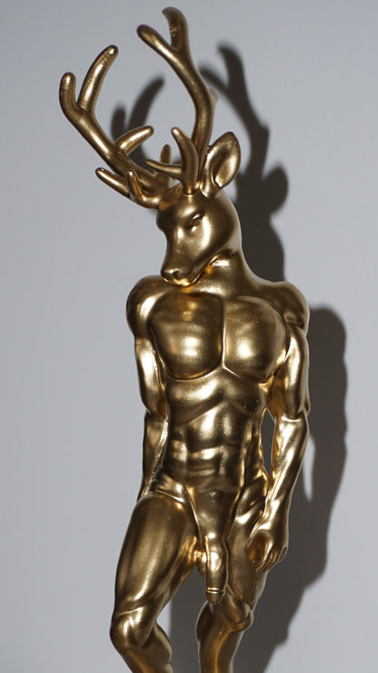 Gold Deer Man Statue | Sensual Nude Stag Sculpture | Muscular Male Deer Figurine | Anthropomorphic Fantasy Art | Gothic Nature Decor