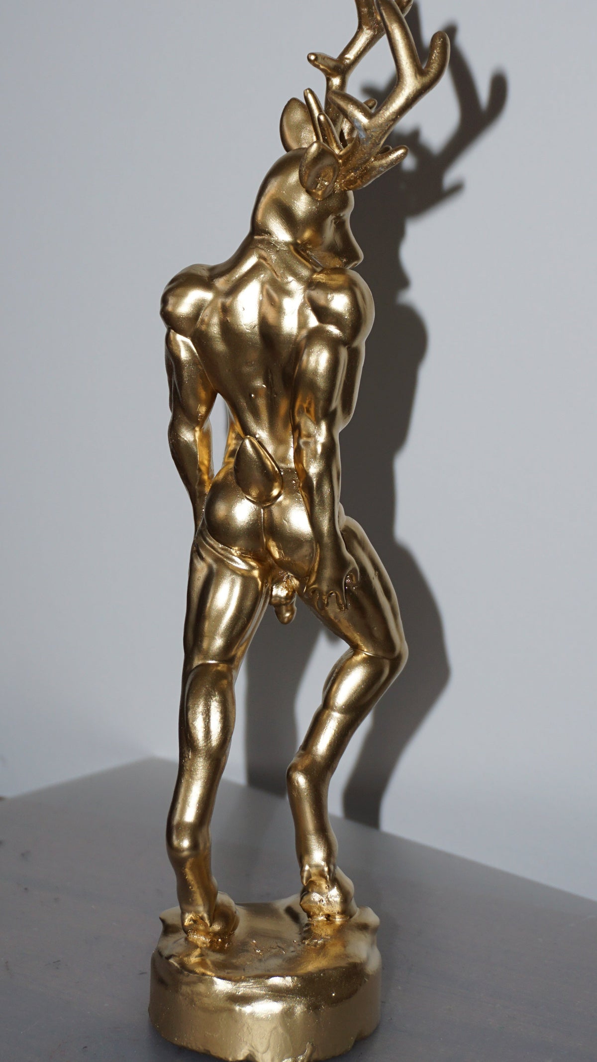 Gold Deer Man Statue | Sensual Nude Stag Sculpture | Muscular Male Deer Figurine | Anthropomorphic Fantasy Art | Gothic Nature Decor