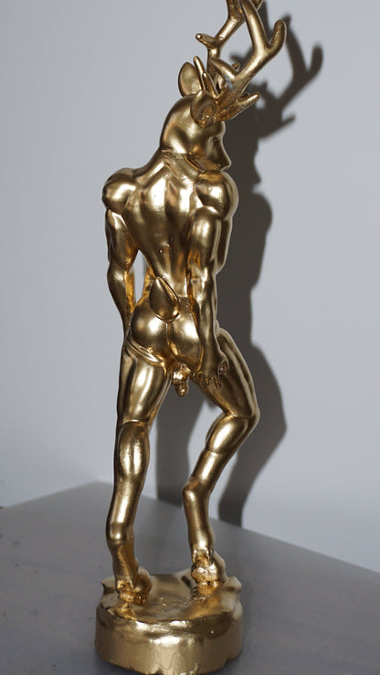 Gold Deer Man Statue | Sensual Nude Stag Sculpture | Muscular Male Deer Figurine | Anthropomorphic Fantasy Art | Gothic Nature Decor